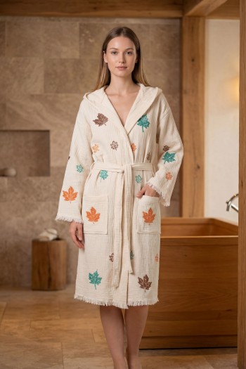 Varol Organik %100 Pamuk Kapşonlu Sabahlık Bornoz Plaj Elbisesi - Sonbahar