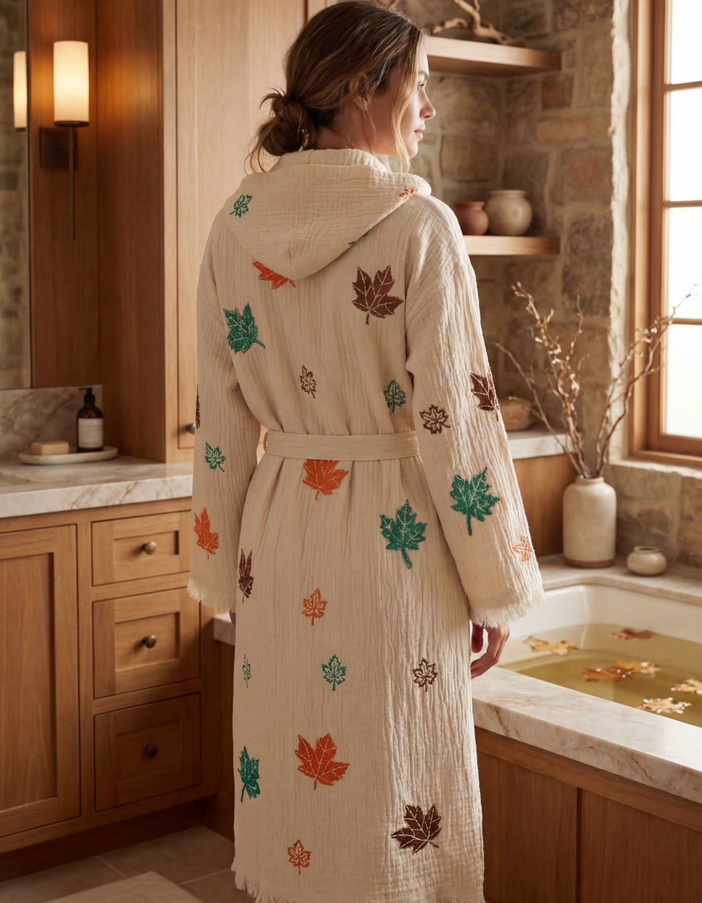 Varol Organik %100 Pamuk Kapşonlu Sabahlık Bornoz Plaj Elbisesi - Sonbahar