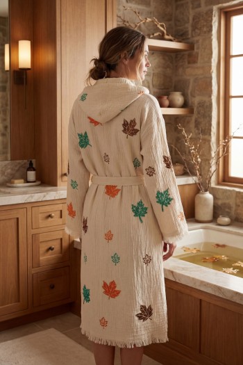 Varol Organik %100 Pamuk Kapşonlu Sabahlık Bornoz Plaj Elbisesi - Sonbahar