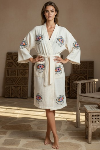 Varol Organik %100 Pamuk Kimono Yaka Sabahlık Bornoz - Göz