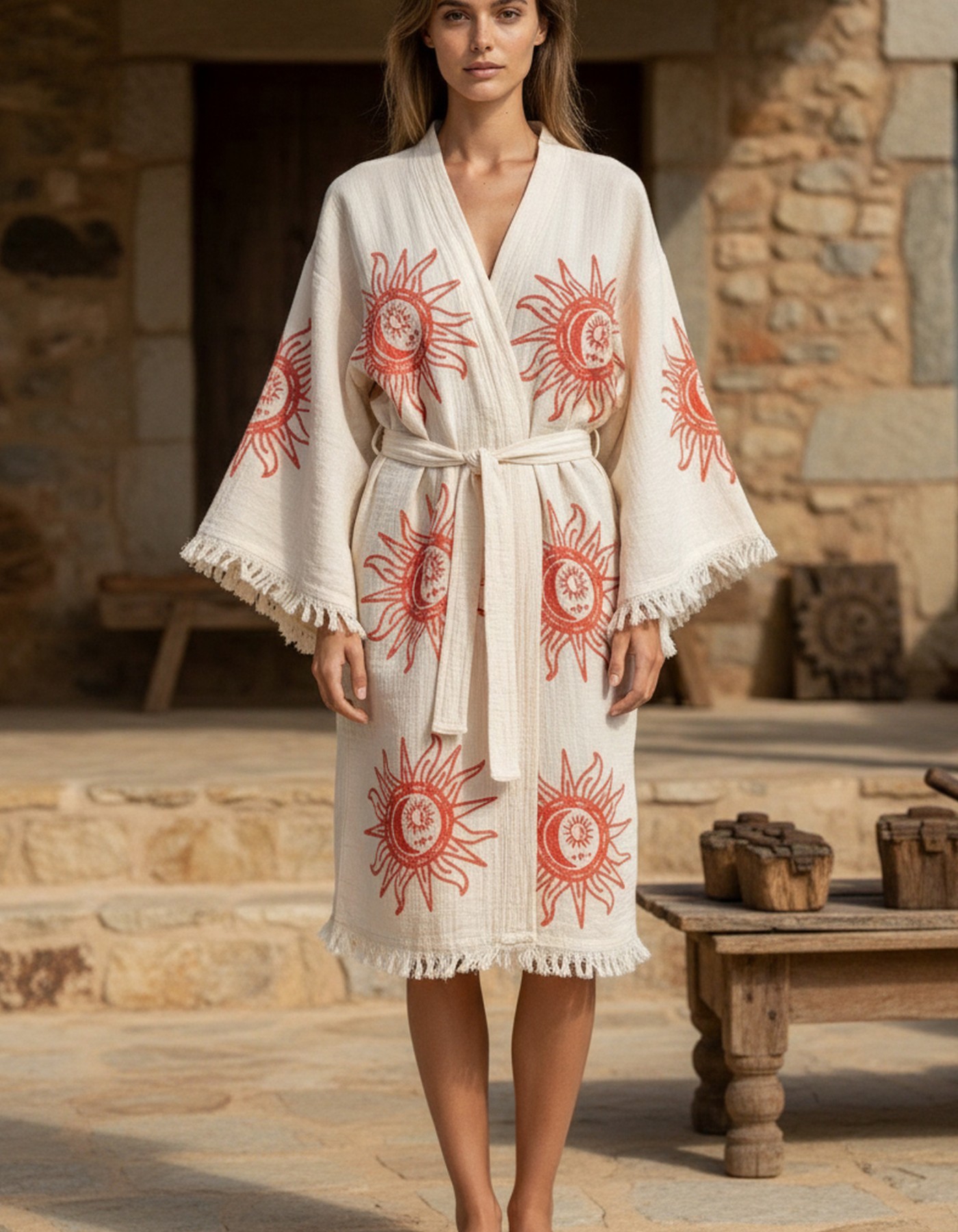 Varol Organik %100 Pamuk Kimono Yaka Sabahlık Bornoz - Heliona v1