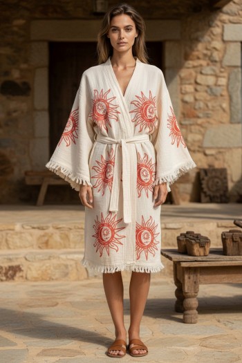 Varol Organik %100 Pamuk Kimono Yaka Sabahlık Bornoz - Heliona v1