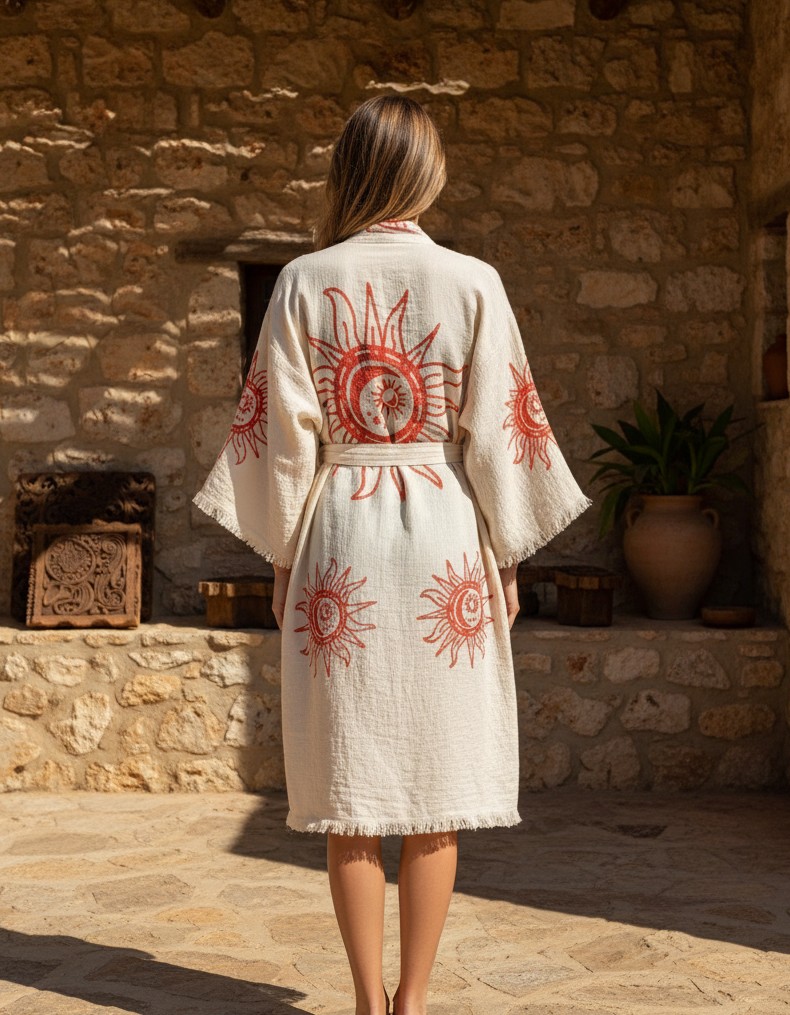 Varol Organik %100 Pamuk Kimono Yaka Sabahlık Bornoz - Heliona v1