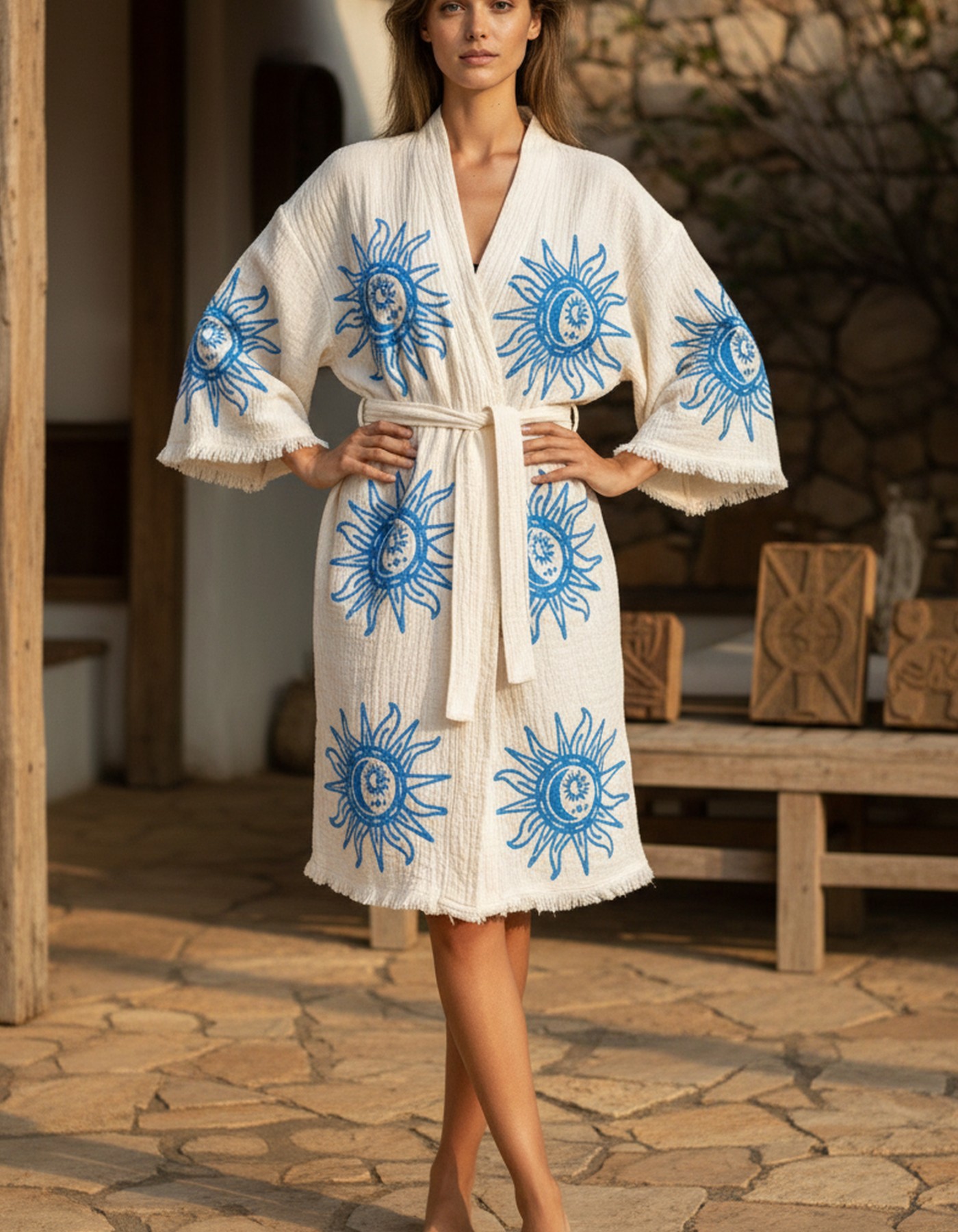 Varol Organik %100 Pamuk Kimono Yaka Sabahlık Bornoz - Heliona v2