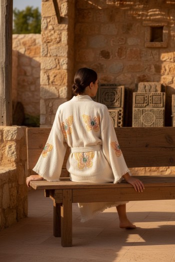 Varol Organik %100 Pamuk Kimono Yaka Sabahlık Bornoz - Kelebek