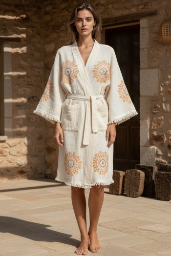 Varol Organik %100 Pamuk Kimono Yaka Sabahlık Bornoz - Lemura