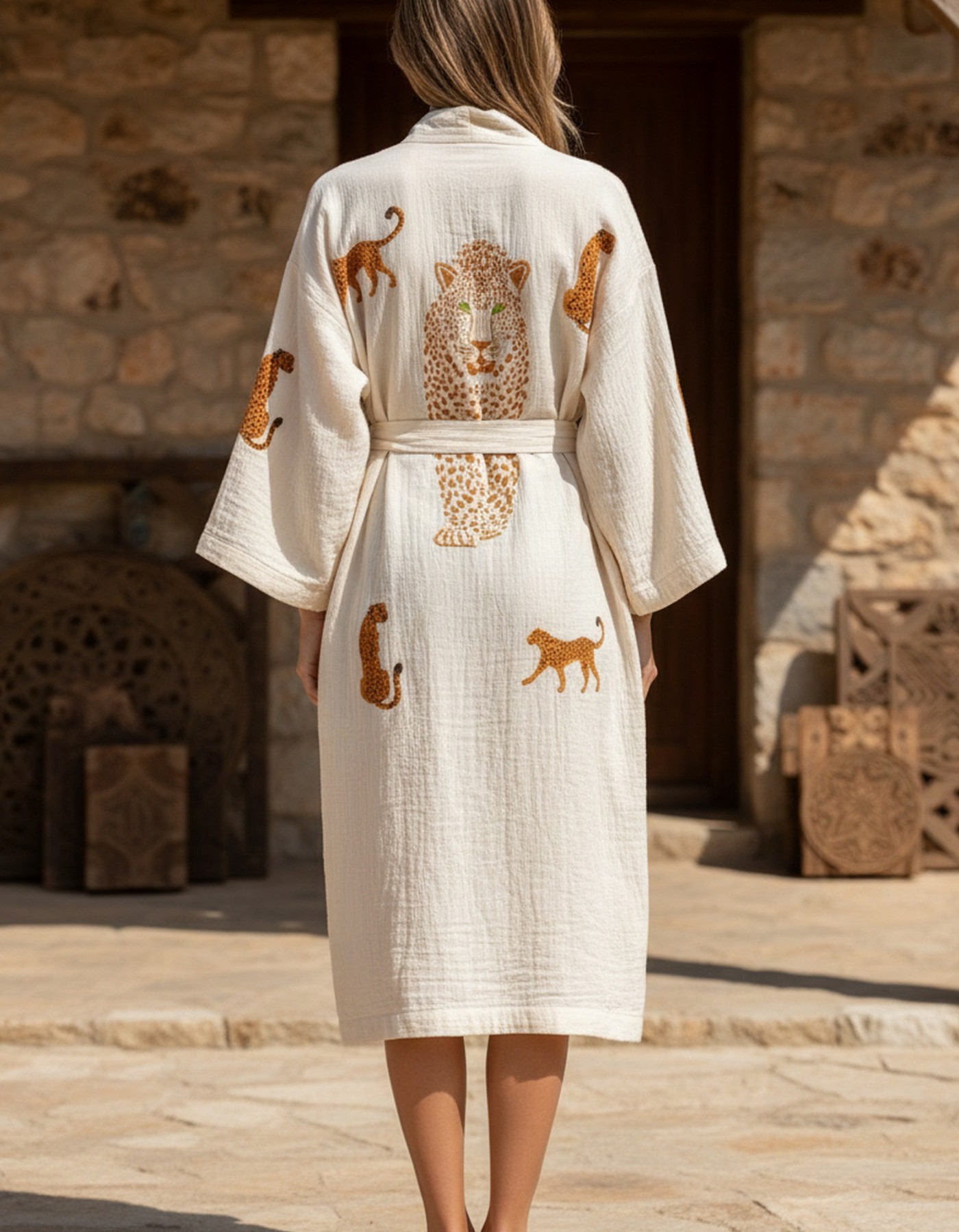 Varol Organik %100 Pamuk Kimono Yaka Sabahlık Bornoz - Leopar