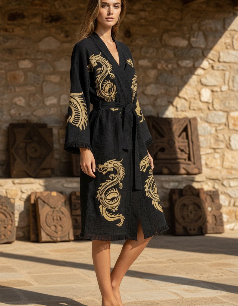 Varol Organik %100 Pamuk Kimono Yaka Sabahlık Bornoz - Viserion