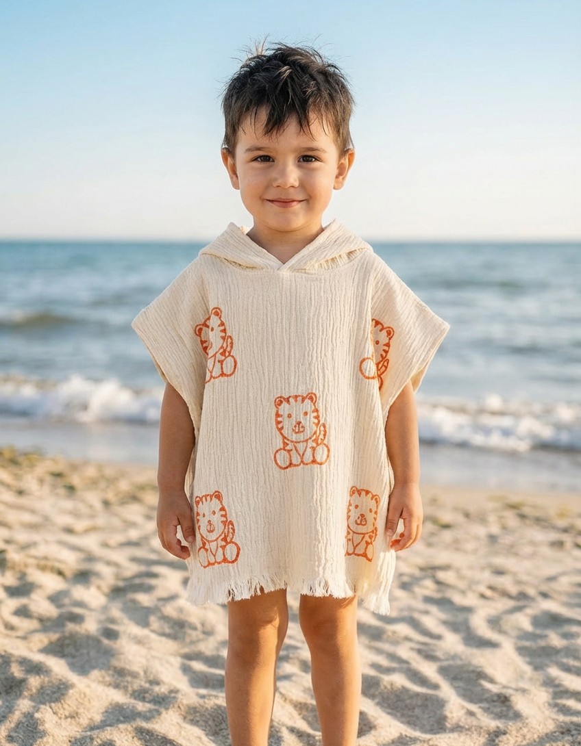 Varol Organik %100 Pamuk Müslin Çocuk Panço - Kaplan