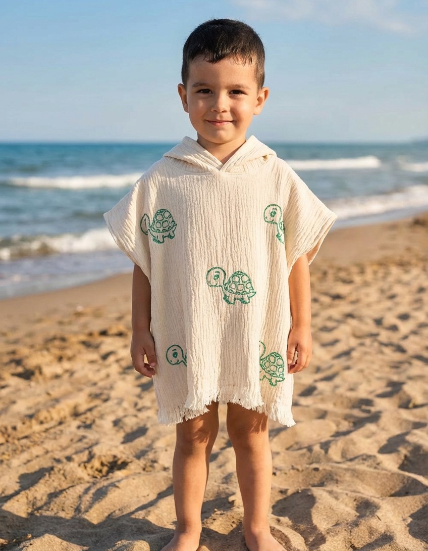 Varol Organik %100 Pamuk Müslin Çocuk Panço - Kaplu