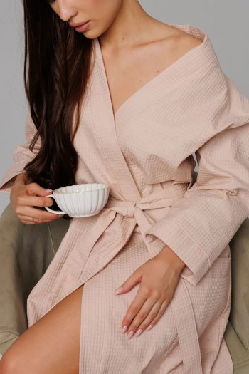 Varol Pike Dokuma Sütlü Kahve Bornoz – İhracat Fazlası, One Size