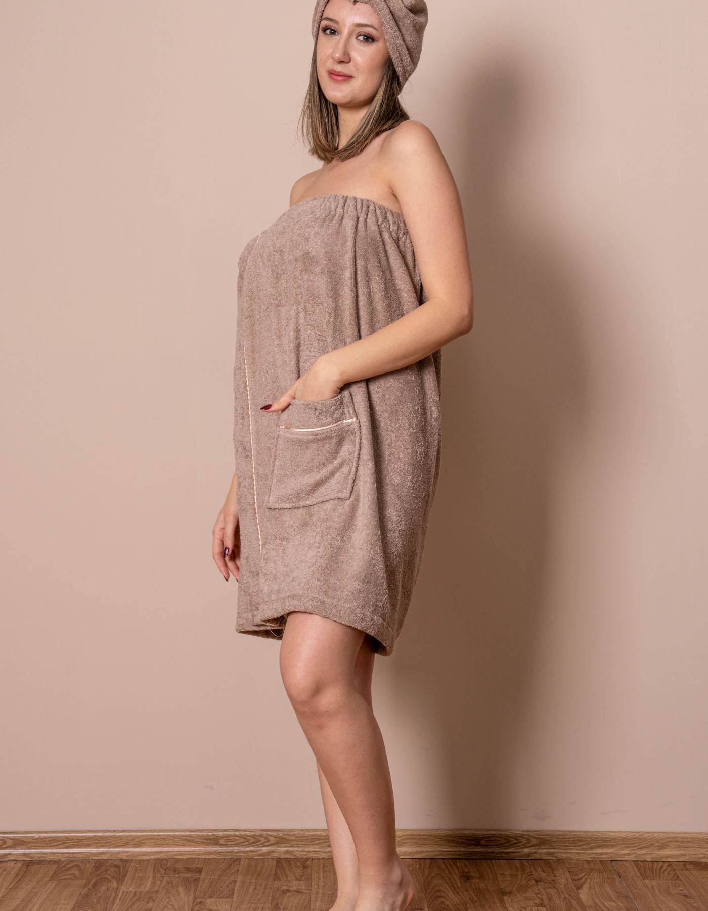 Varol Sauna Seti – Çıtçıtlı Banyo Havlusu & Düğmeli Baş Havlusu (Bone)